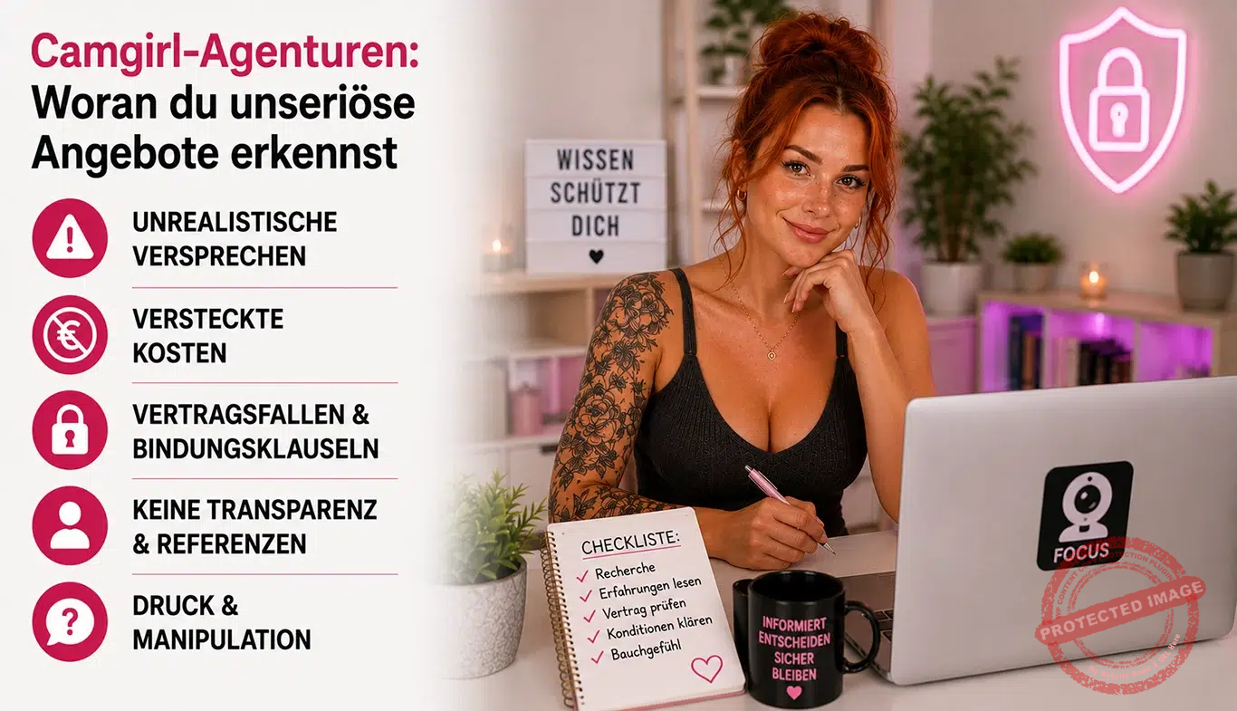 Camgirl-Agenturen: Provisionen, Vertragsfallen und woran du unseriöse Angebote erkennst Camgirl-Agentur: Vertragsunterlagen und Laptop auf dem Schreibtisch