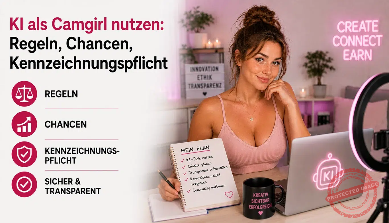 KI als Camgirl nutzen: Bildbearbeitung und Textentwürfe am Laptop neben Kamera und Ringlicht